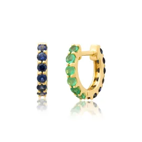 14K Gold Half & Half Blue Sapphire & Emerald Huggie Hoops Earrings