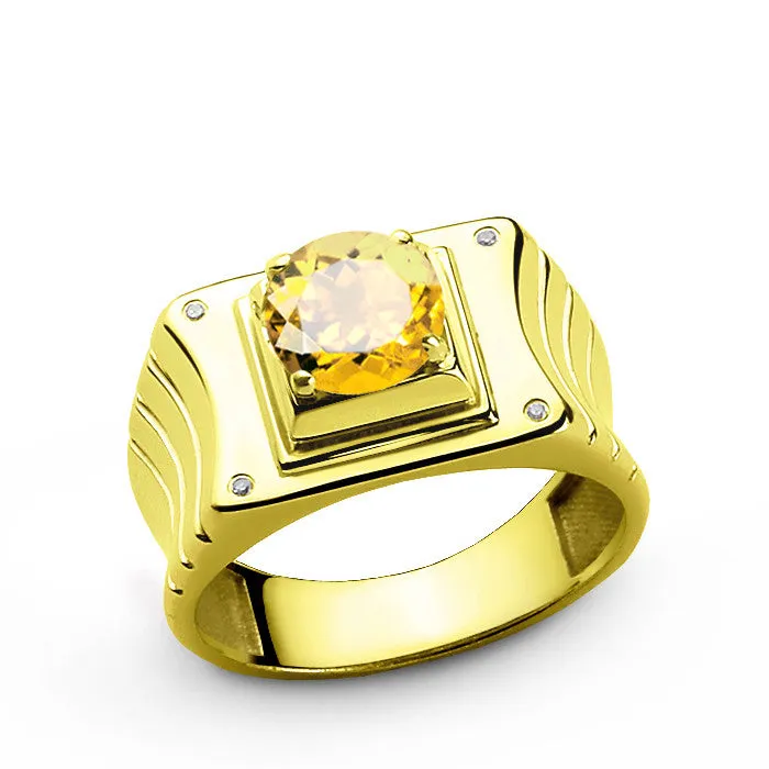 14k Yellow Gold Men's Ring with Citrine Gemstone and Natural Diamonds