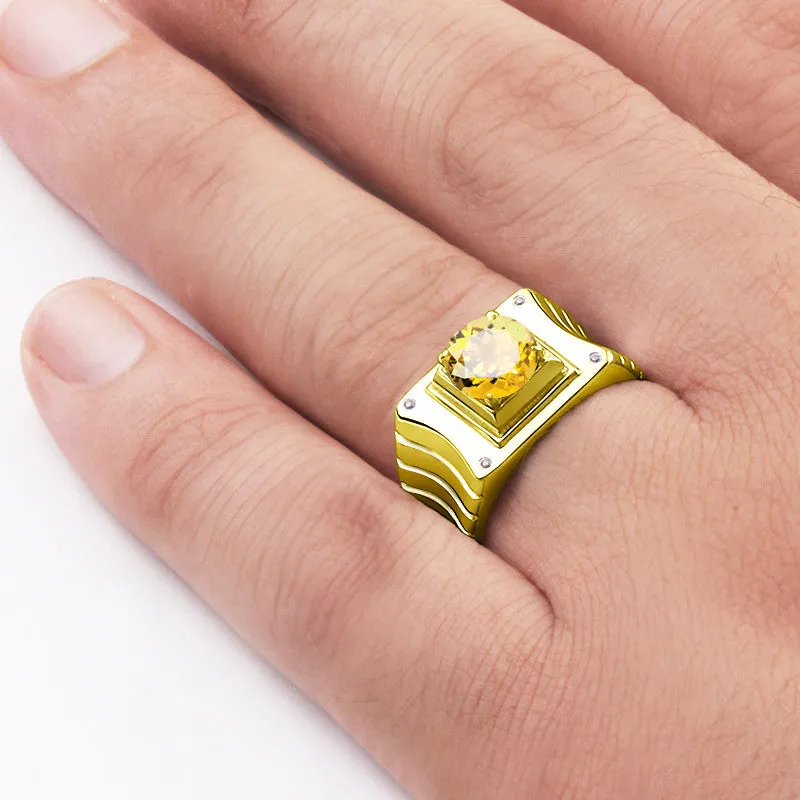 14k Yellow Gold Men's Ring with Citrine Gemstone and Natural Diamonds