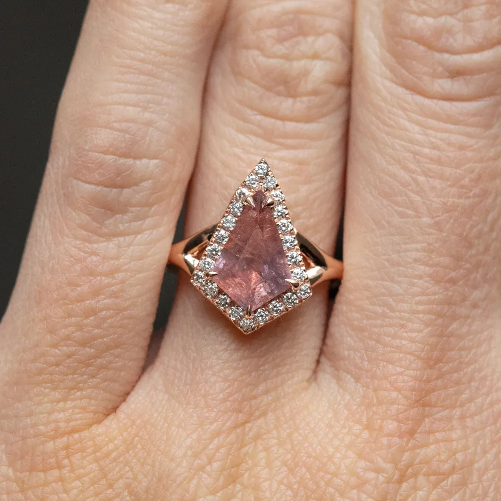 2.14ct Kite Umba Pink Sapphire in Split Shank Diamond Halo in 14k Rose Gold