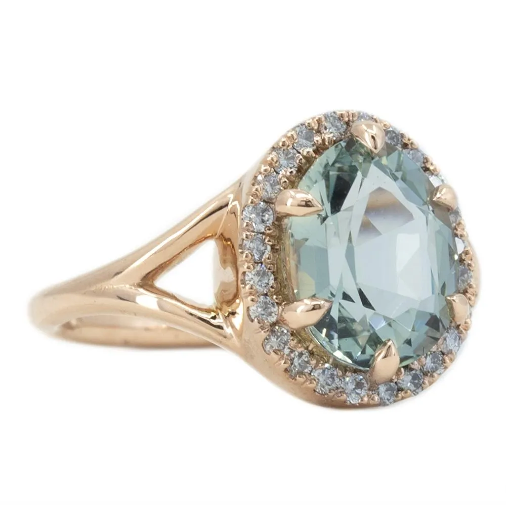 2.45ct Poval Blue Aquamarine Diamond Halo Low Profile Split Shank Ring In 14k Rose Gold