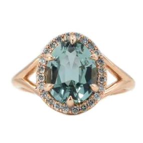 2.45ct Poval Blue Aquamarine Diamond Halo Low Profile Split Shank Ring In 14k Rose Gold