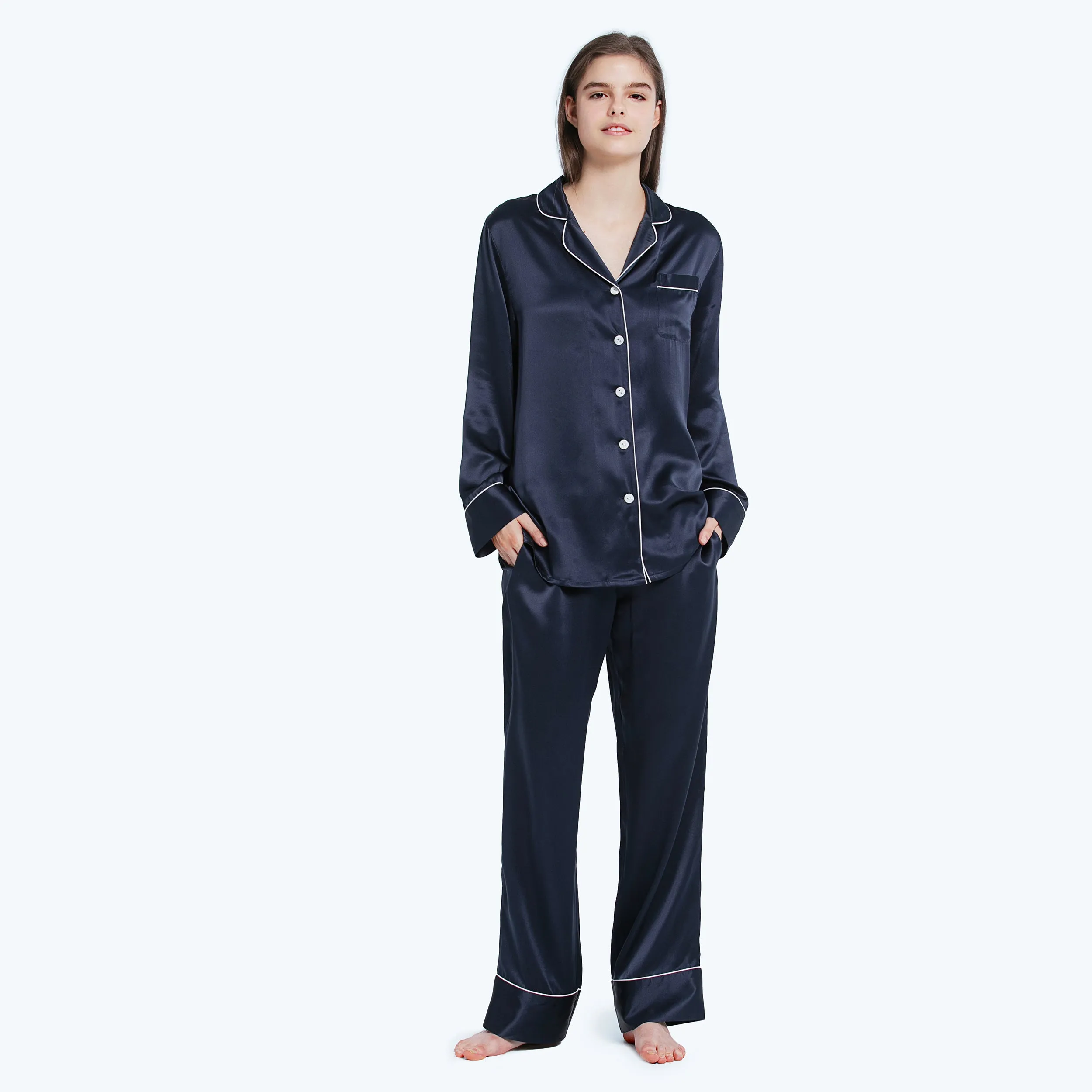 At Home - Piped Silk Pajamas Set for Women