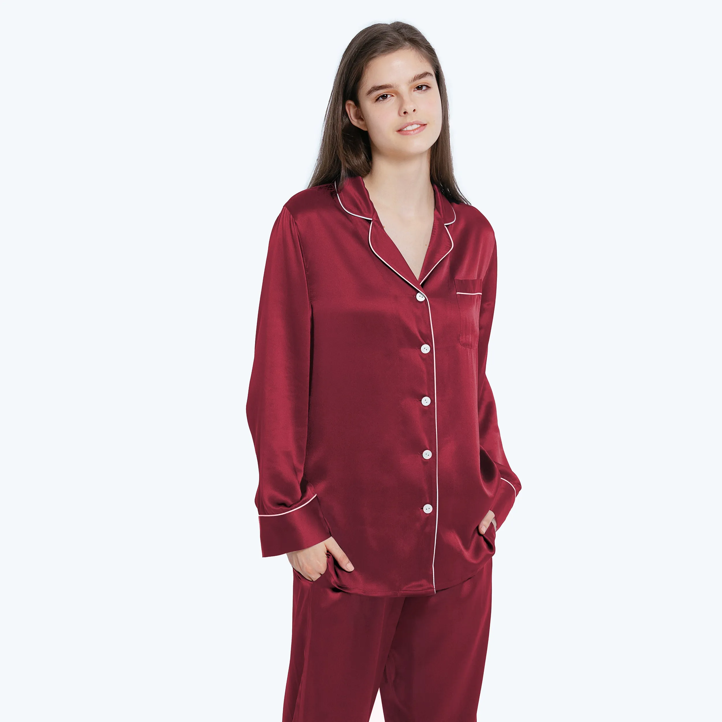 At Home - Piped Silk Pajamas Set for Women