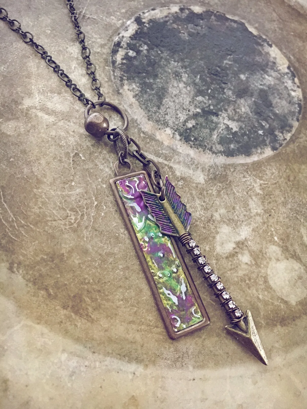 bling arrow and embossed metal tag pendant necklace