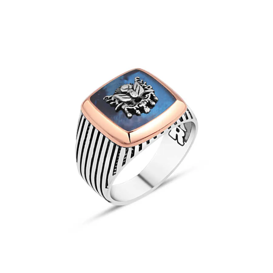 Blue Enameled Ottoman State Coat of Arms Square Silver Men's Ring with Stripe Pattern