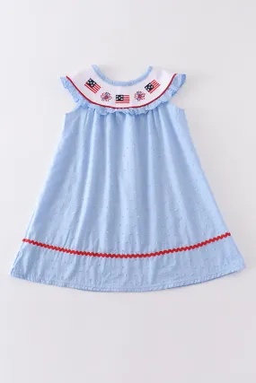 Blue Patriotic flag embroidery swiss dot dress