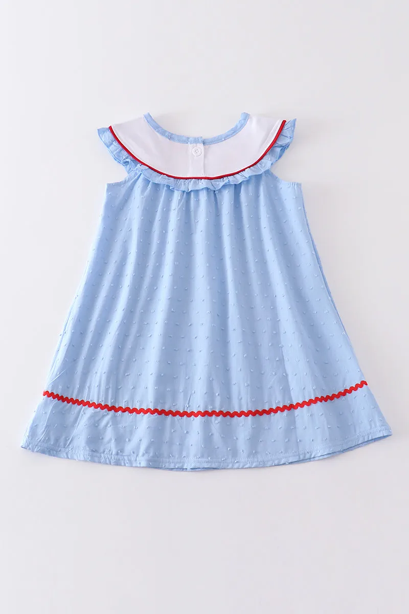 Blue Patriotic flag embroidery swiss dot dress