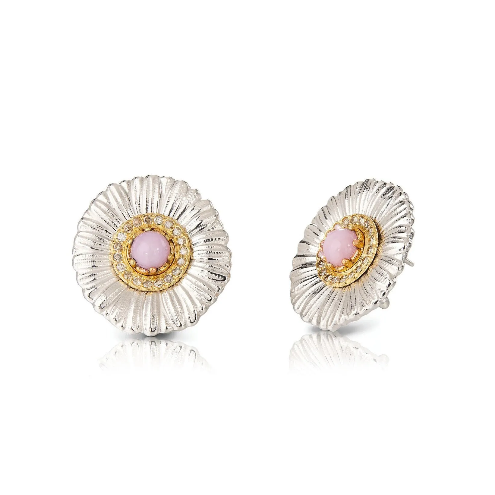 Buccellati - Blossoms Colour - Button Earrings, Sterling Silver with  Pink Opal, Diamonds, and Gold Accents