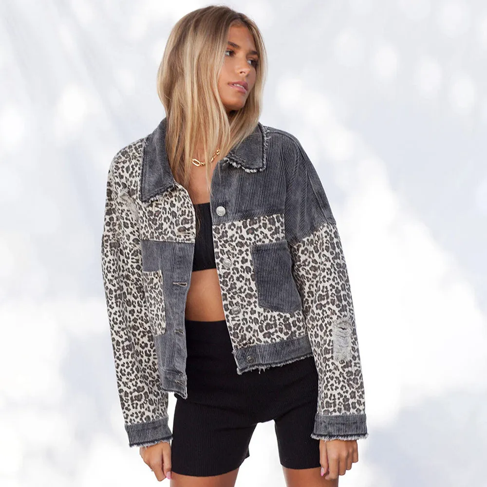 Corduroy Patchwork Leopard Denim Outerwear