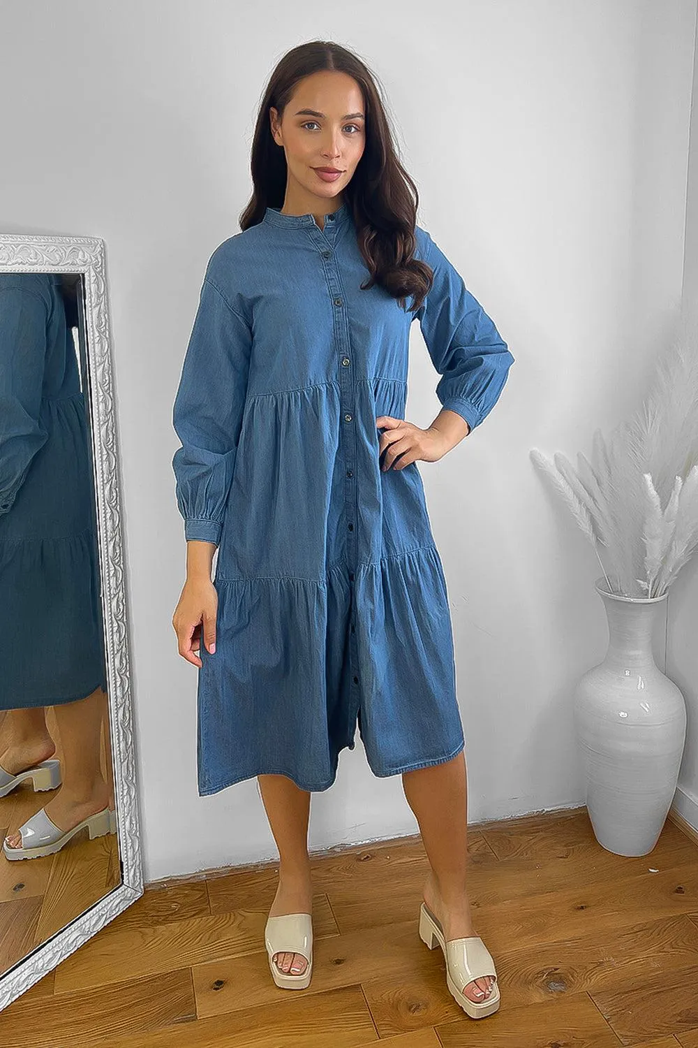 Dark Blue Grandad Collar Tiered Denim Dress