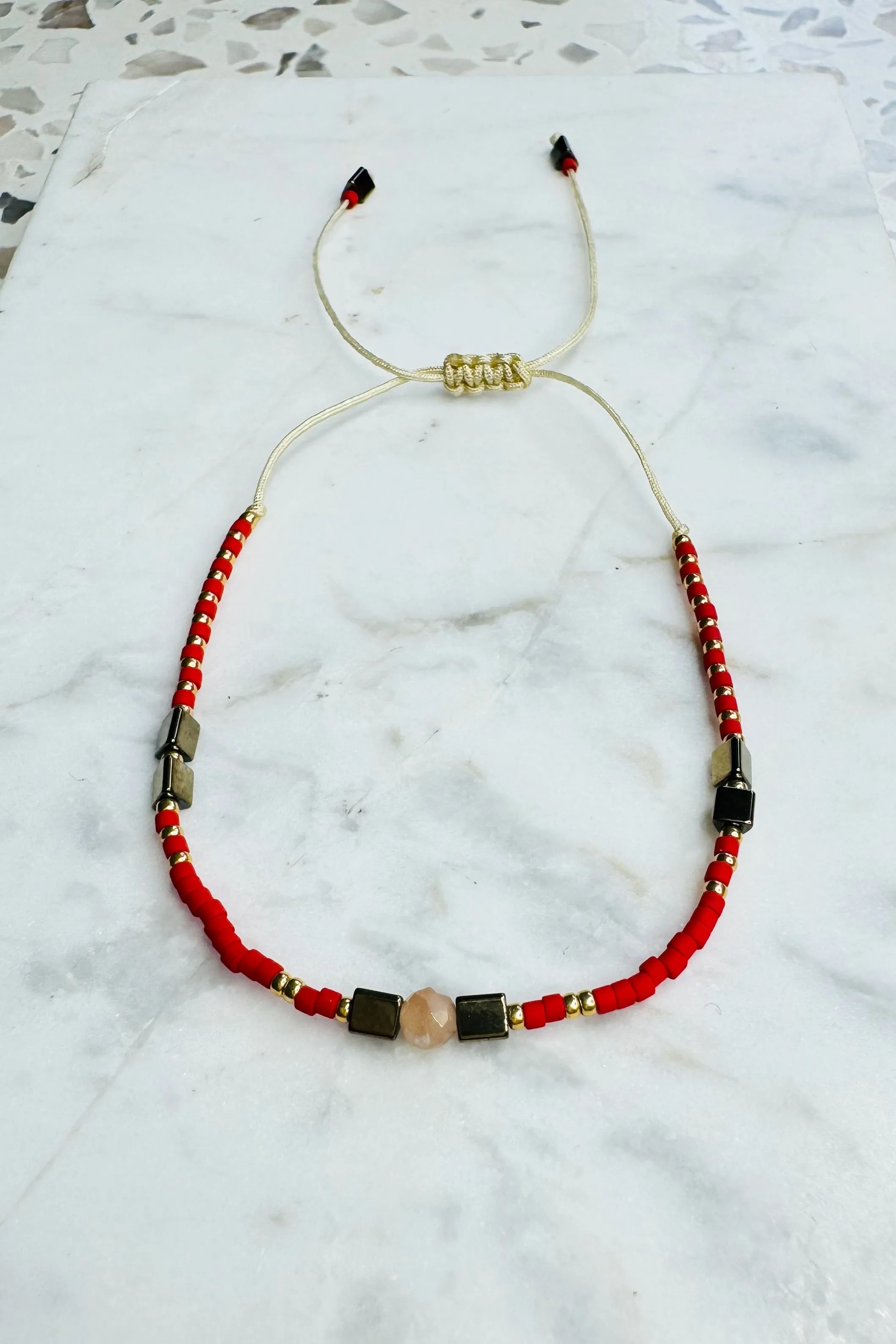 Handmade Glass Bead Bracelet - Red/Gold