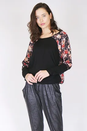 Impeccable Red Rose Sleeve Black Top