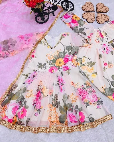 Kids Pink Floral Georgette Digital Print Dhoti Salwar Suit