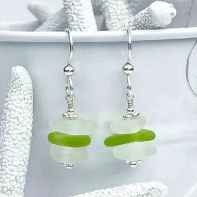 Lime Green and Clear Sea Glass Sea Stack Earrings | #1764