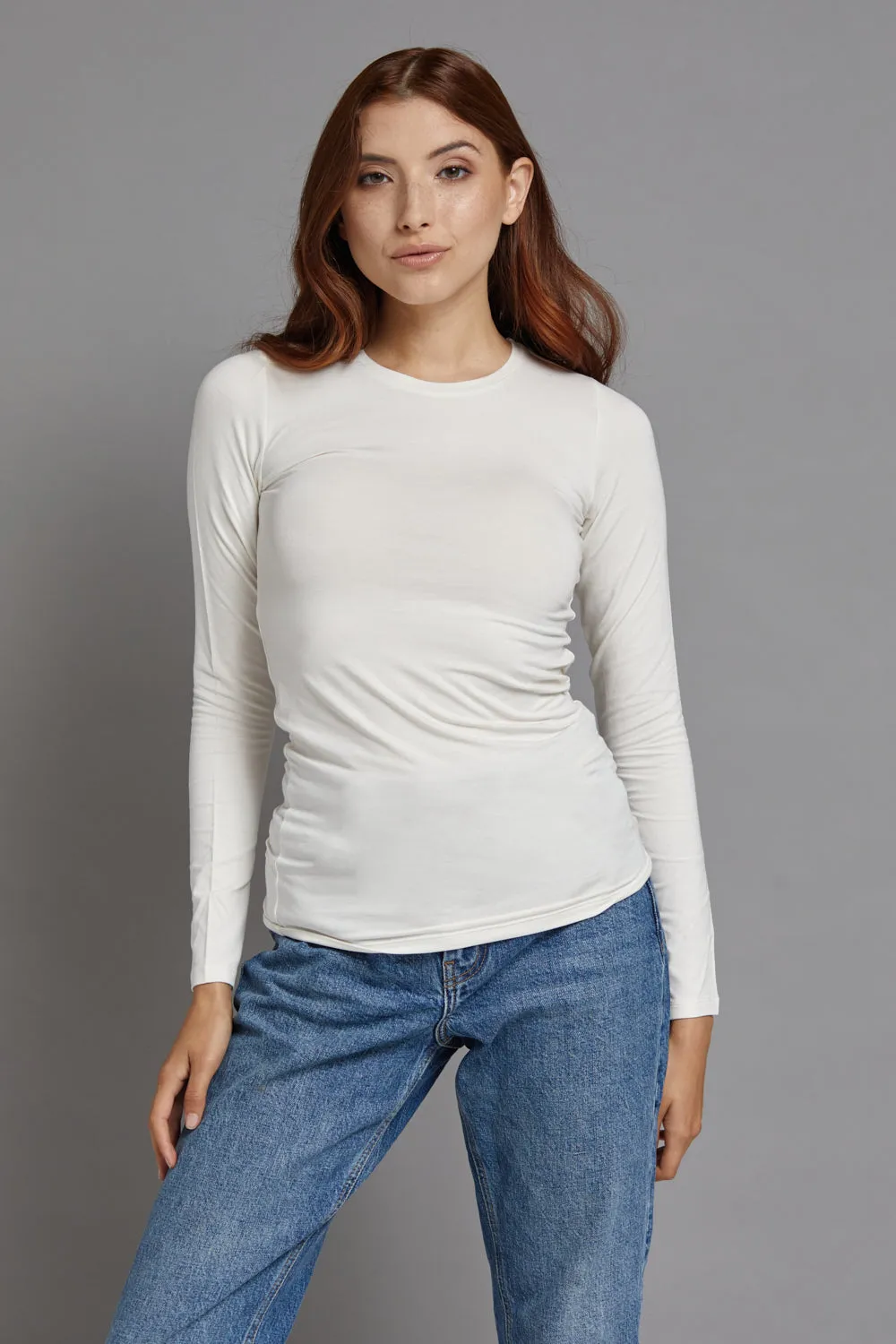 Majestic Long Sleeve Soft Touch Viscose Crewneck in Milk