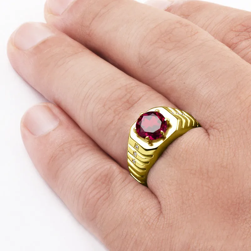 Men's Ring with Red Ruby and Diamonds in 14k Yellow Gold