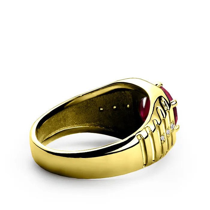 Men's Ring with Red Ruby and Diamonds in 14k Yellow Gold