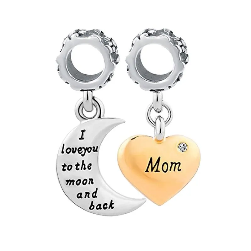 Mom I Love You To The Moon & Back 2-Piece Dangle Charm Set 925 Sterling Silver