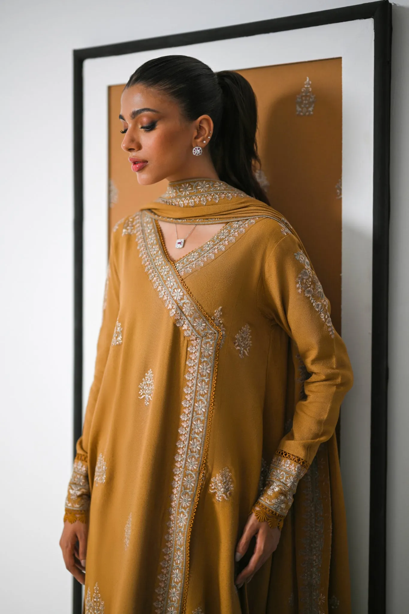 MUSTARD BROWN LUXURY EMBROIDERED KARANDI SET NEL-23637