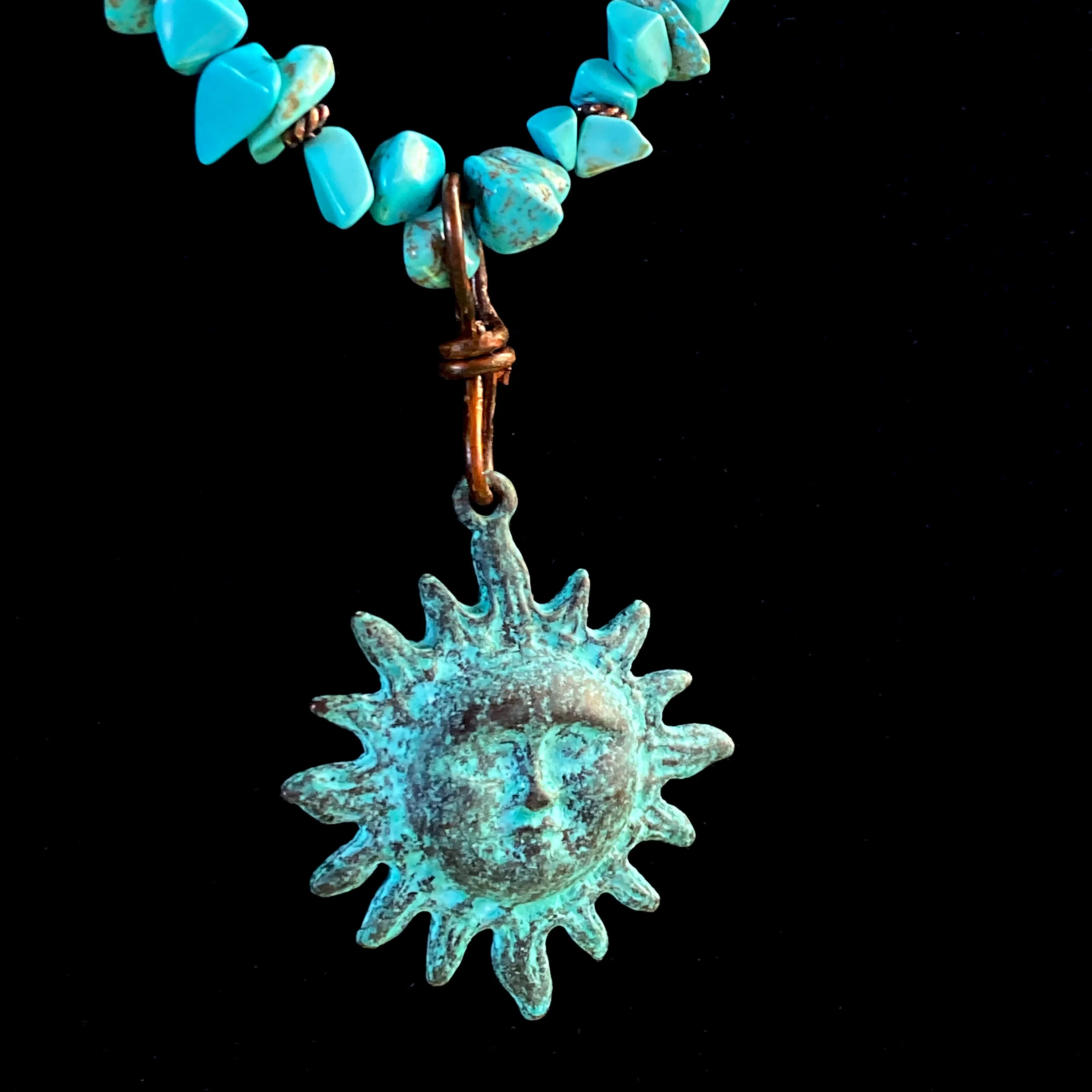 Natural Turquoise gemstone  and copper Sun pendant beaded necklace