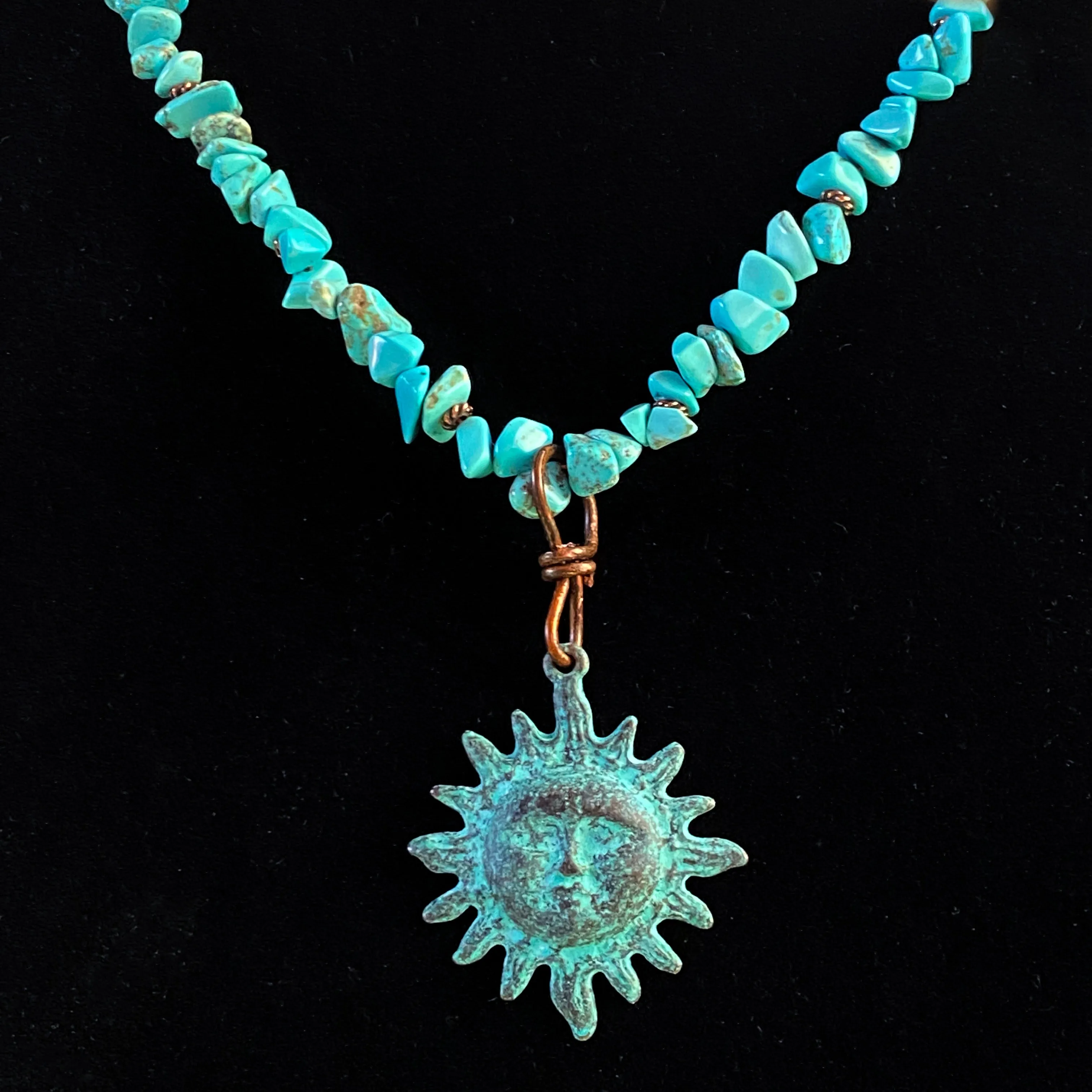 Natural Turquoise gemstone  and copper Sun pendant beaded necklace