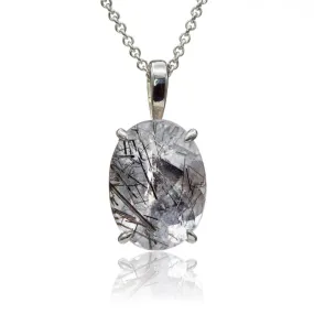 Oval Tourmalinated Quartz Sterling Silver Prong Set Pendant Necklace, Ready to ship