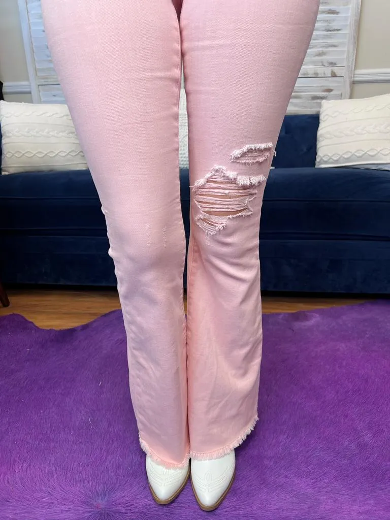 #P516 Falling For You Judy Blue Pink Flare Jeans