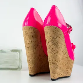 Peep Toe Pink Ribbon Detail Cork Wedges