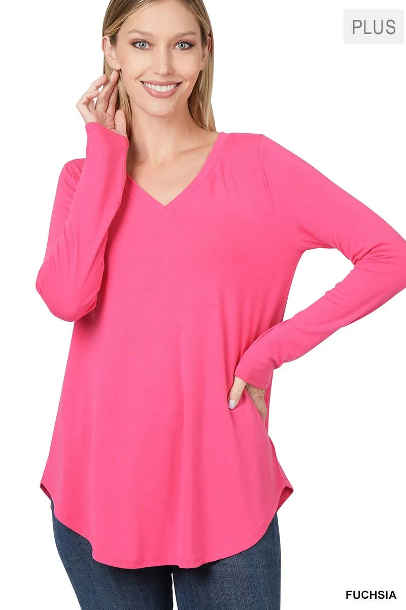 Premium Long Sleeve V Neck Round Hem Top Plus: 2-2-2 (1XL-2XL-3XL) / BLACK