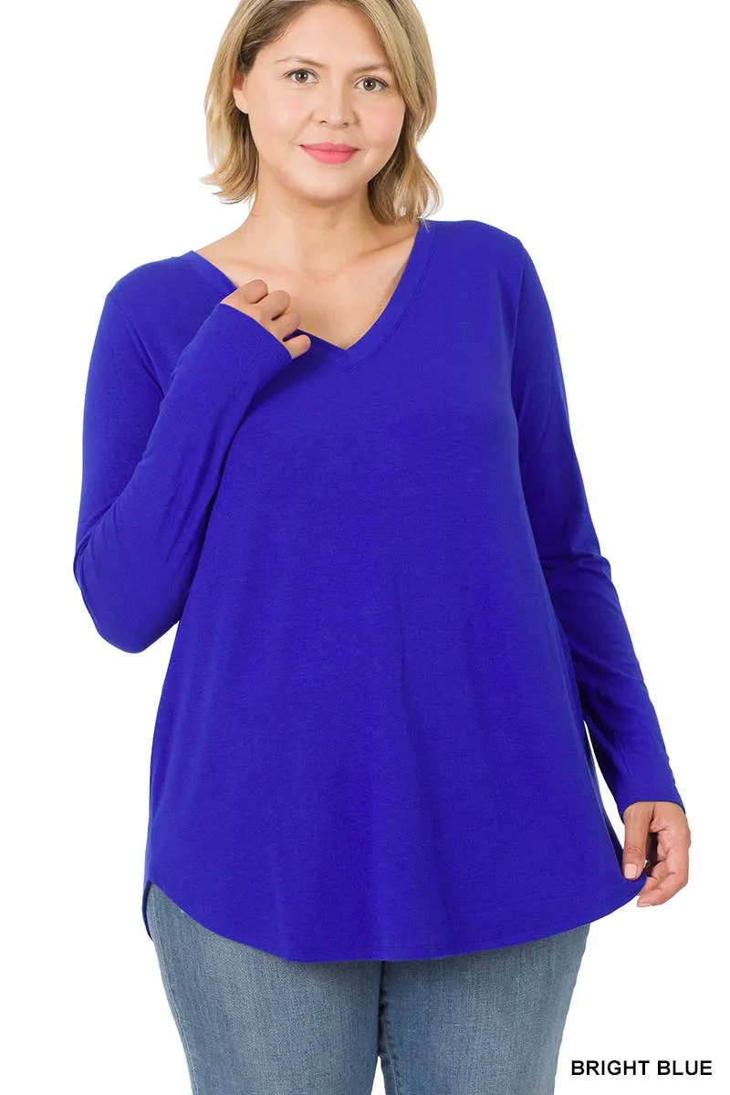 Premium Long Sleeve V Neck Round Hem Top Plus: 2-2-2 (1XL-2XL-3XL) / BLACK