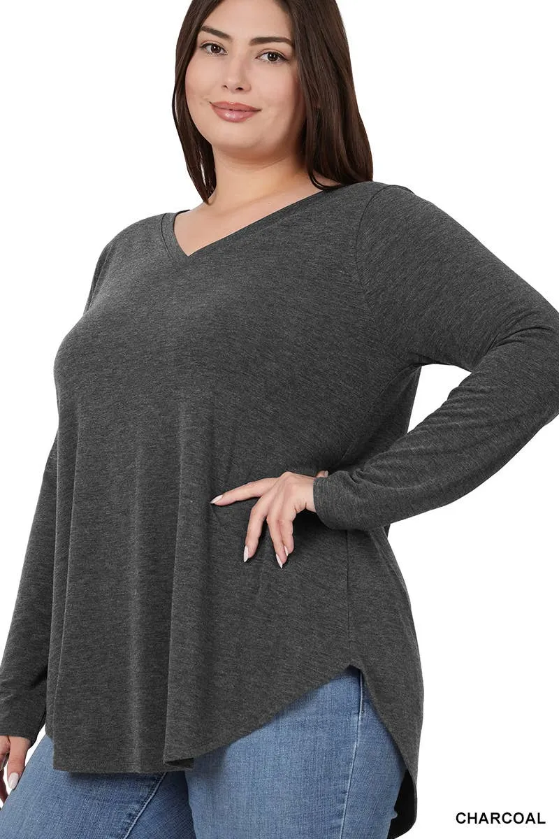 Premium Long Sleeve V Neck Round Hem Top Plus: 2-2-2 (1XL-2XL-3XL) / BLACK