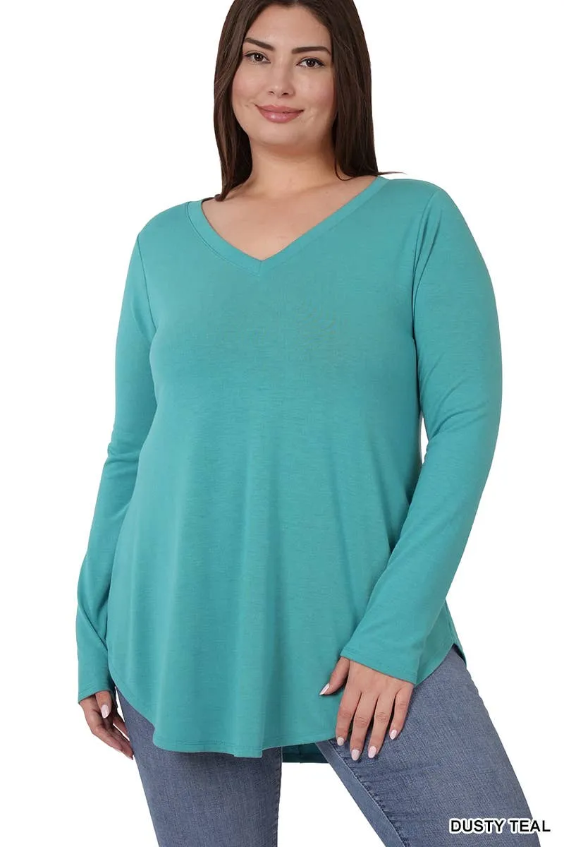 Premium Long Sleeve V Neck Round Hem Top Plus: 2-2-2 (1XL-2XL-3XL) / BLACK