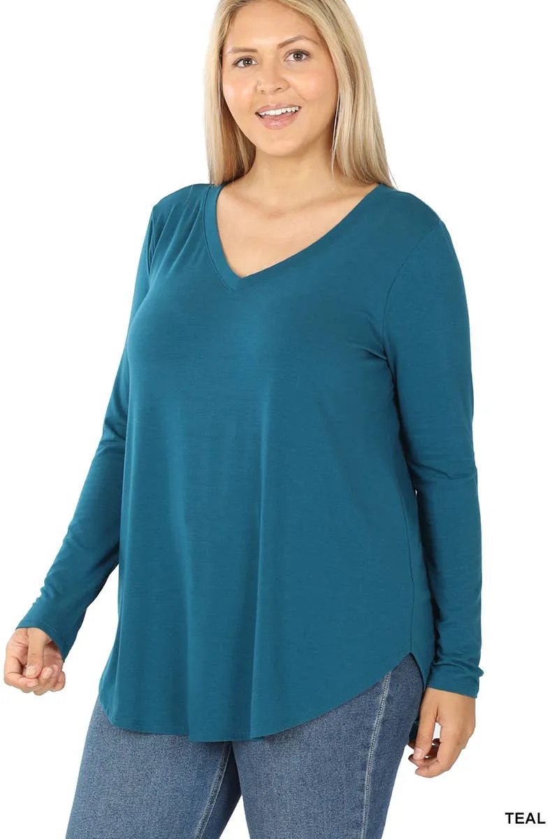 Premium Long Sleeve V Neck Round Hem Top Plus: 2-2-2 (1XL-2XL-3XL) / BLACK