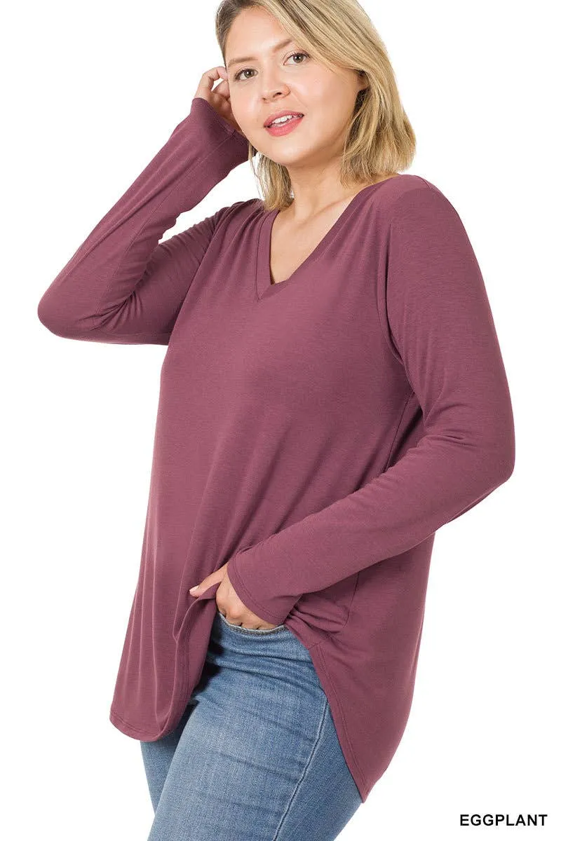 Premium Long Sleeve V Neck Round Hem Top Plus: 2-2-2 (1XL-2XL-3XL) / BLACK