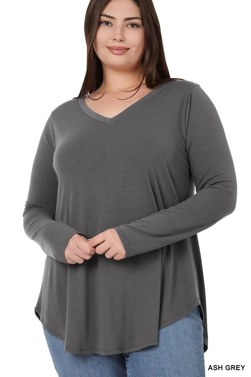 Premium Long Sleeve V Neck Round Hem Top Plus: 2-2-2 (1XL-2XL-3XL) / BLACK