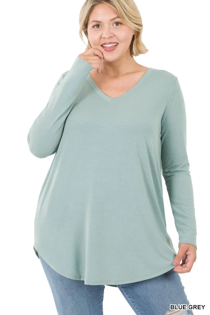 Premium Long Sleeve V Neck Round Hem Top Plus: 2-2-2 (1XL-2XL-3XL) / BLACK