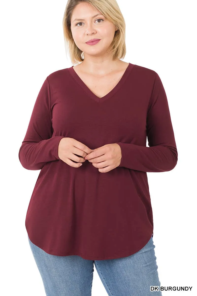 Premium Long Sleeve V Neck Round Hem Top Plus: 2-2-2 (1XL-2XL-3XL) / BLACK