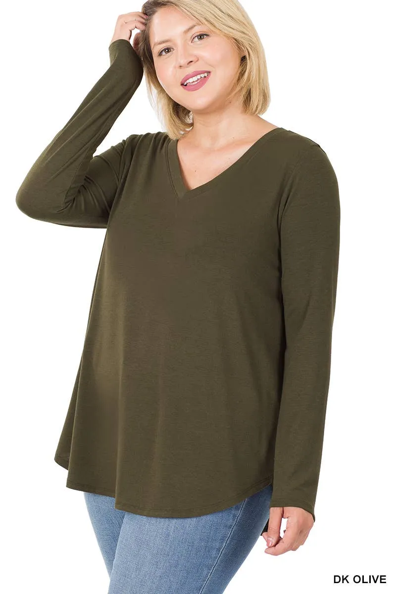 Premium Long Sleeve V Neck Round Hem Top Plus: 2-2-2 (1XL-2XL-3XL) / BLACK