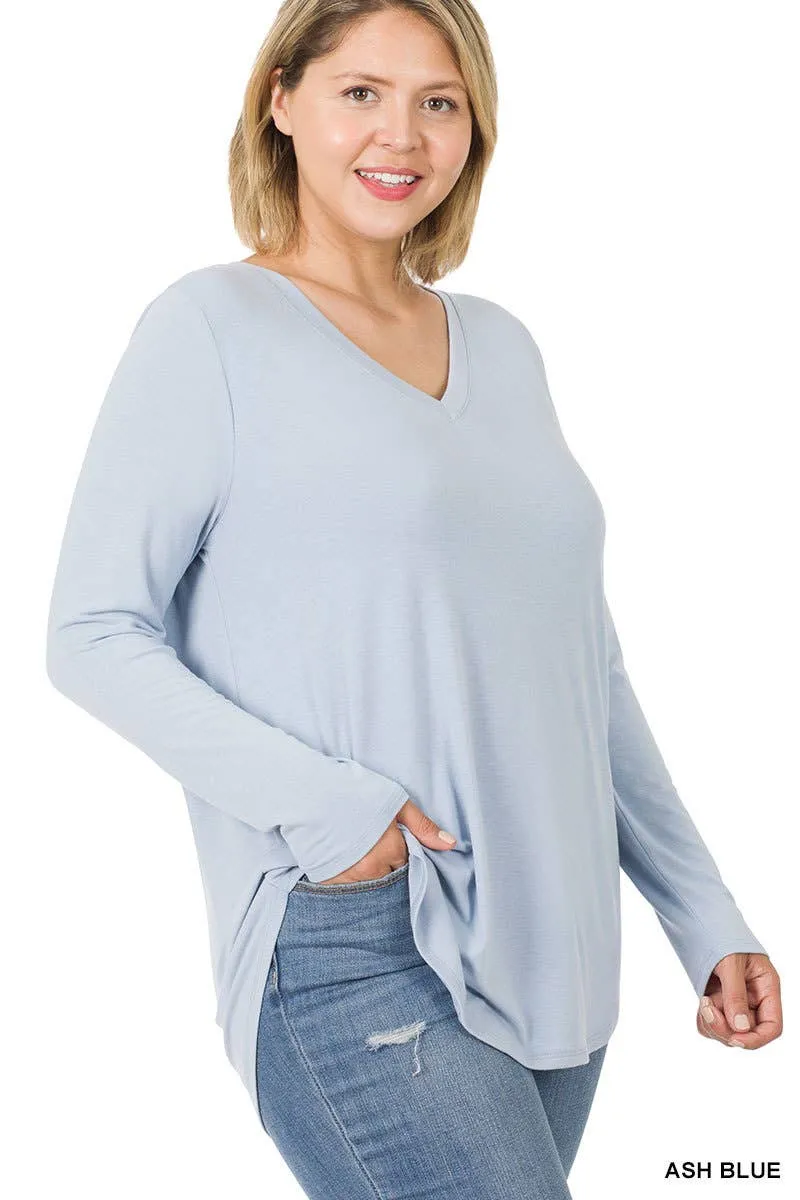 Premium Long Sleeve V Neck Round Hem Top Plus: 2-2-2 (1XL-2XL-3XL) / BLACK