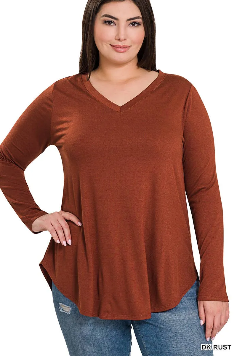 Premium Long Sleeve V Neck Round Hem Top Plus: 2-2-2 (1XL-2XL-3XL) / BLACK