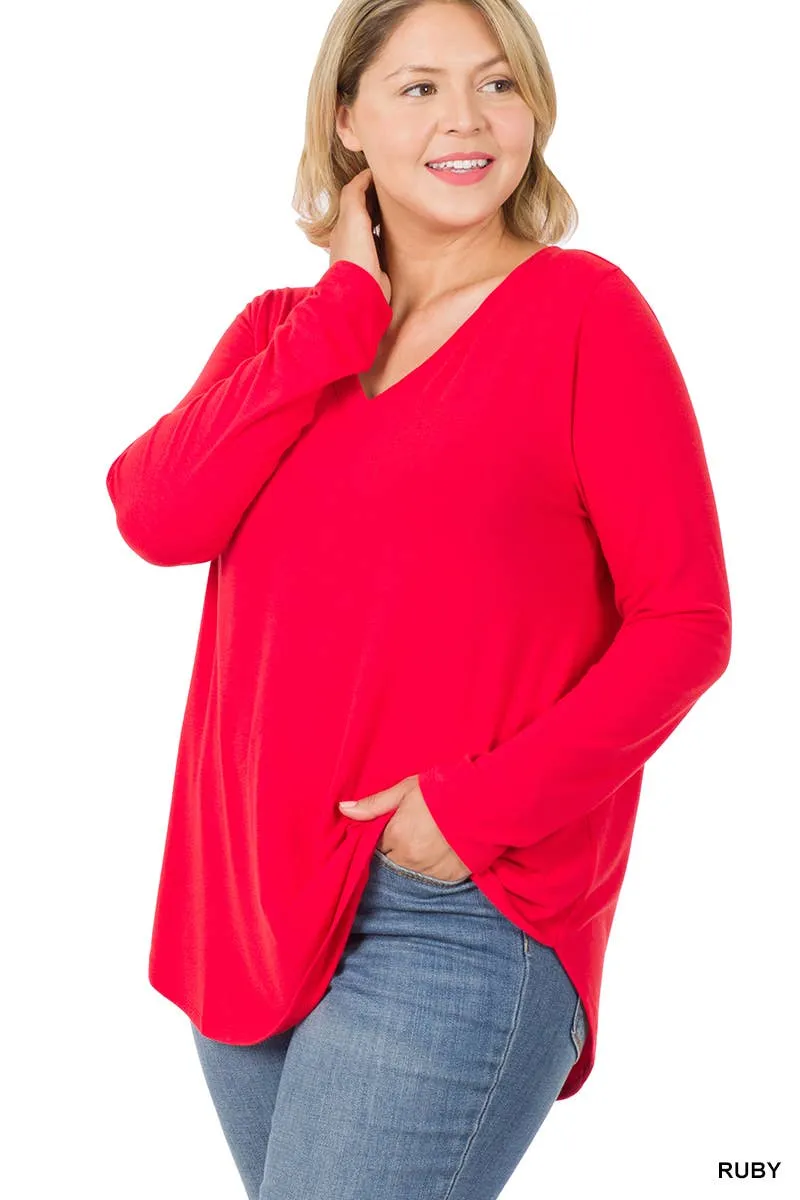 Premium Long Sleeve V Neck Round Hem Top Plus: 2-2-2 (1XL-2XL-3XL) / BLACK