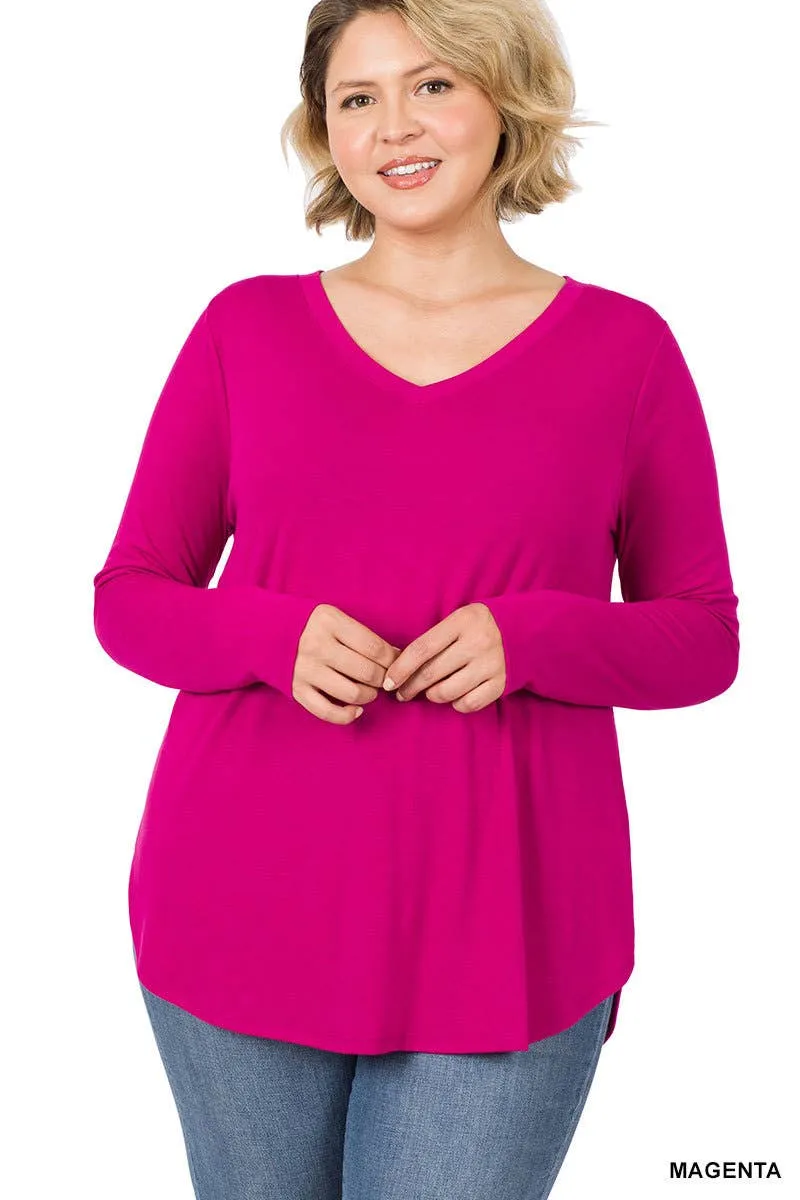 Premium Long Sleeve V Neck Round Hem Top Plus: 2-2-2 (1XL-2XL-3XL) / BLACK