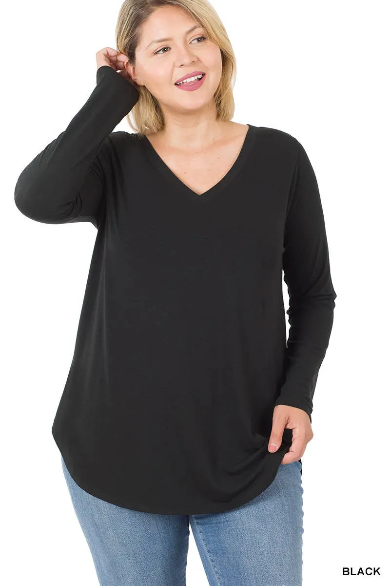 Premium Long Sleeve V Neck Round Hem Top Plus: 2-2-2 (1XL-2XL-3XL) / BLACK