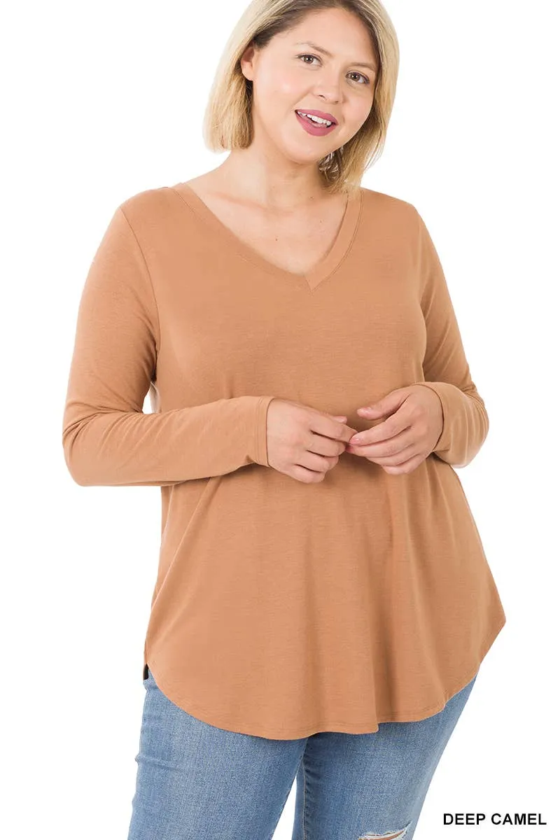 Premium Long Sleeve V Neck Round Hem Top Plus: 2-2-2 (1XL-2XL-3XL) / BLACK