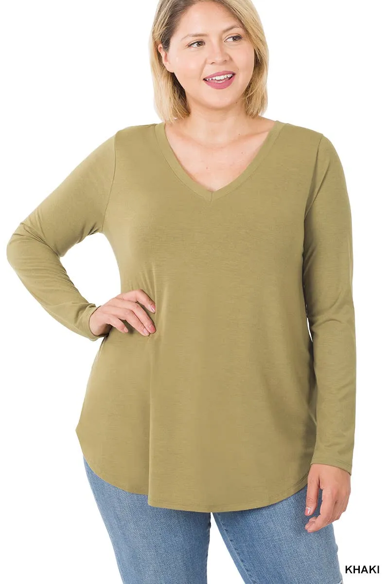 Premium Long Sleeve V Neck Round Hem Top Plus: 2-2-2 (1XL-2XL-3XL) / BLACK