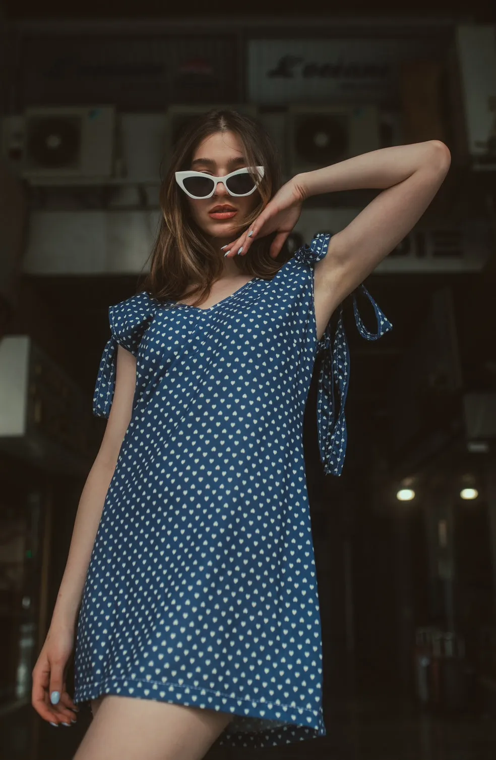 “Rosemary” dress in blue with white hearts