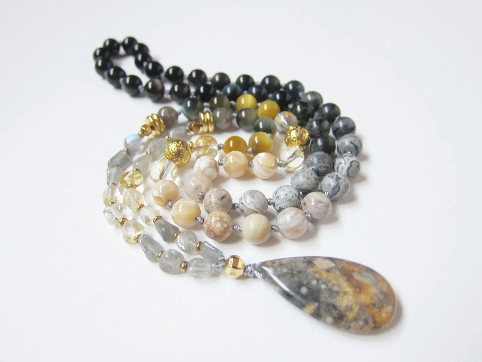 SALE - Self Esteem   Decisiveness Beaded Mala Necklace in Bumblebee Jasper Stone Pendant