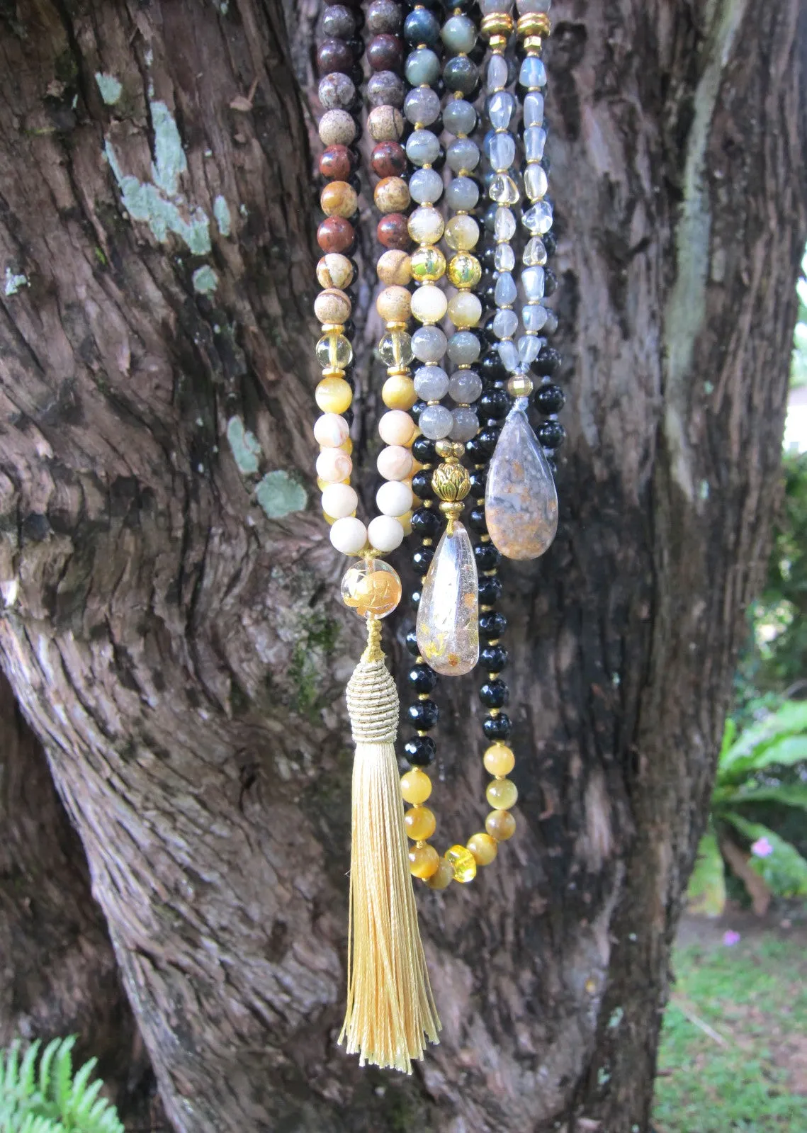 SALE - Self Esteem   Decisiveness Beaded Mala Necklace in Bumblebee Jasper Stone Pendant