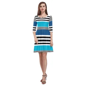 shades of blue bw stripe Tethys Half-Sleeve Skater Dress(Model D20)